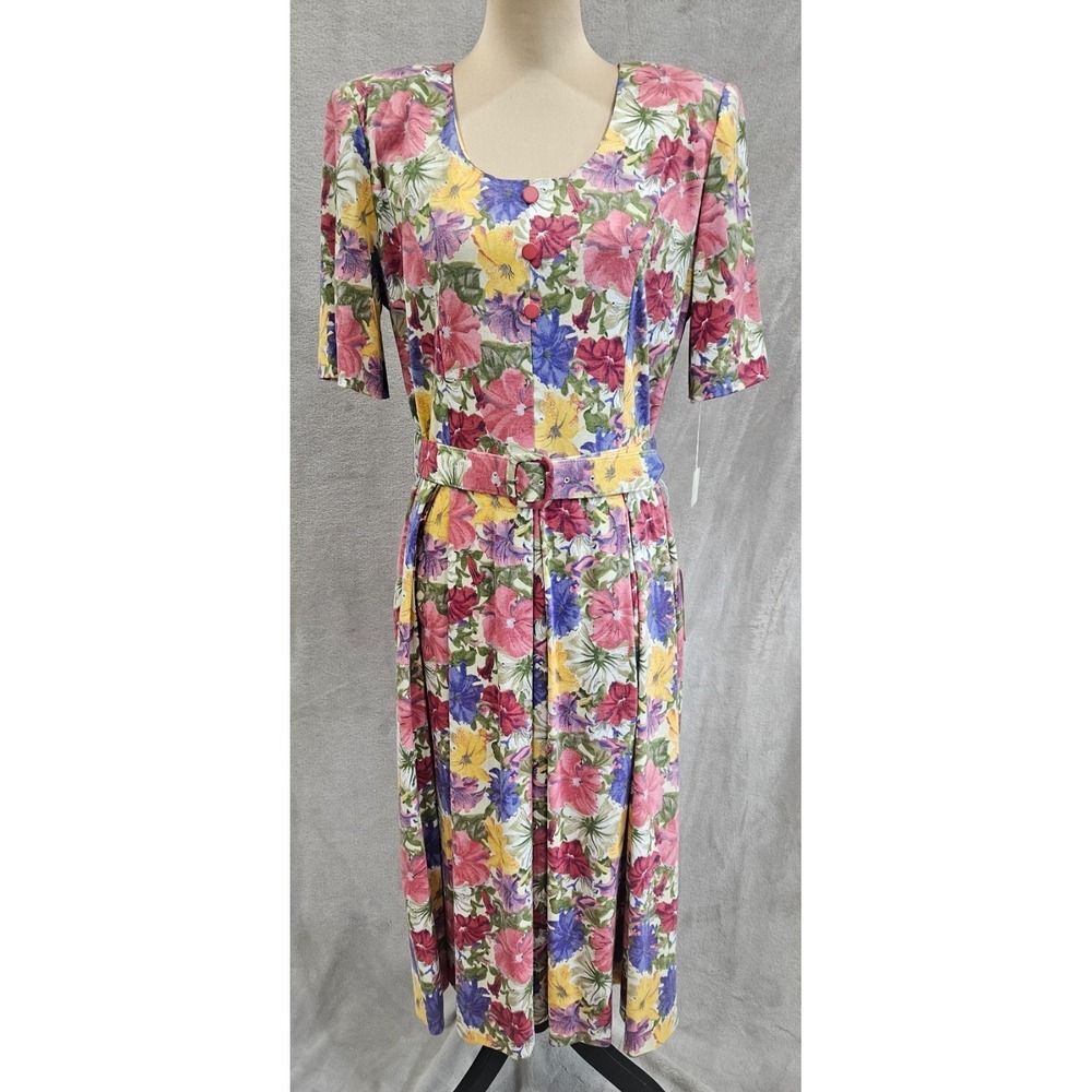 NWT Vintage 80s 90s HENRY LEE PETITES Floral‎ Midi Dress with Belt Size 12P